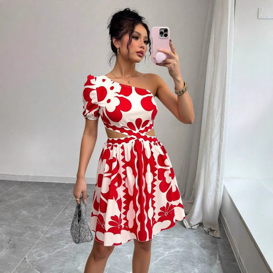 Symmetrical Neckline Hollow Waist Women's Dress